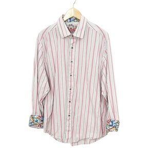 ROBERT GRAHAM Button Down Shirt Gray/Pink Striped With Graphic Cuffs Size 2XL